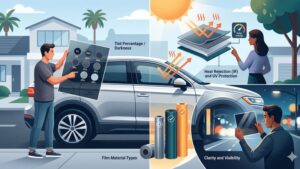 Современная иллюстрация процесса выбора тонировочной пленки для стекол автомобиля в минималистичном стиле